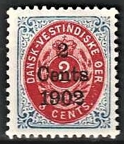 FRIMÆRKER DVI | 1902 - AFA 20y | 2 CENTS/3 c. blå/rød provisorium - Ubrugt