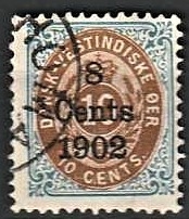 FRIMÆRKER DVI | 1902 - AFA 21 | 8 CENTS/10 c. indigoblå/mørkrødbrun provisorium - Stemplet