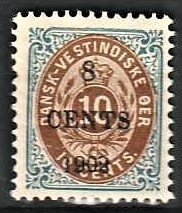 FRIMÆRKER DVI | 1902 - AFA 19 | 8 CENTS/10 c. indigoblå/mørkrødbrun provisorium - Ubrugt