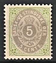 FRIMÆRKER DVI | 1876-1901 - AFA 10By | 5 cents grøn/grå - Ubrugt 