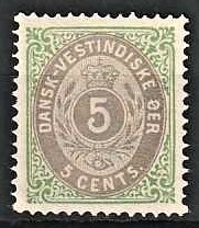 FRIMÆRKER DVI | 1876-1901 - AFA 10 | 5 cents grøn/grå - Ubrugt (limløst)