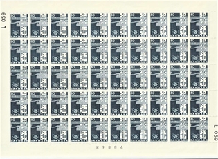 FRIMÆRKER DANMARK | 1965 - AFA 434F - Internationale Telekommunikation - 80 øre blå Flour. papir 50 stk. i ufoldet helark - Postfrisk
