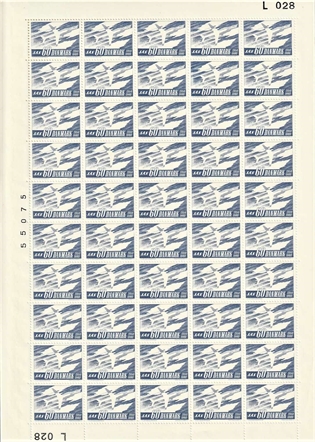 FRIMÆRKER DANMARK | 1961 - AFA 391F - SAS 10 års jubilæum - 60 øre blå på Flour. papir 50 stk. i ufoldet helark - Postfrisk