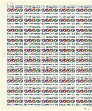 FRIMÆRKER DANMARK | 1970 - AFA 507 - Forenede Nationer 25 år. - 90 øre rød/blå/grøn 50 stk. i ufoldet helark - Postfrisk