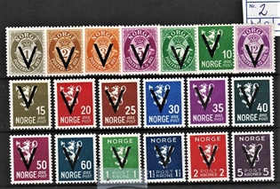 FRIMÆRKER NORGE | 1941 - AFA 245-63 - V mærker u. vm. - 1 øre - 5 kr. i komplet sæt - Postfrisk
