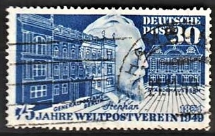 FRIMÆRKER VESTTYSKL. BUND: 1949 | AFA 1079 | Verdenspostforeningen 75 år - 30 pf. blå - Stemplet