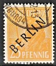 FRIMÆRKER VESTBERLIN: 1948 | AFA 10 | 25 pf. gul overtryk BERLIN sort - Stemplet