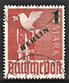 FRIMÆRKER VESTBERLIN: 1949 | AFA 67 | 1 dm/3 m. rødbrun overtryk BERLIN sort - Stemplet