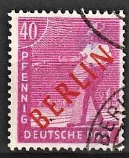 FRIMÆRKER VESTBERLIN: 1949 | AFA 28 | 40 pf. lilla overtryk BERLIN rød - Stemplet