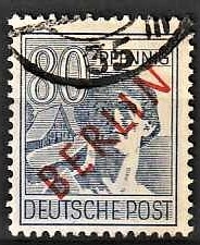 FRIMÆRKER VESTBERLIN: 1949 | AFA 32 | 80 pf. blåviolet overtryk BERLIN rød - Stemplet
