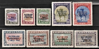 FRIMÆRKER GRØNLAND | 1945 - AFA 17-25 - AMERIKANER UDGAVEN "DANMARK BEFRIET" - 5 øre - 5 kr. i komplet sæt - Ubrugt