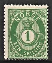 FRIMÆRKER NORGE | 1872 - AFA 16 - 1 sk. gulgrøn - Ubrugt
