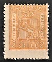FRIMÆRKER NORGE | 1867 - AFA 12 - 2 sk. orange - Ubrugt