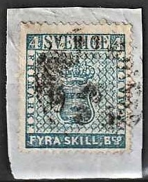 FRIMÆRKER SVERIGE | 1855 - AFA 2 - Skilling banco tk. 14 uden vandmærke - 4 sk. blå på klip - Stemplet