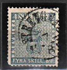 FRIMÆRKER SVERIGE | 1855 - AFA 2 - Skilling banco tk. 14 uden vandmærke - 4 sk. blå - Stemplet