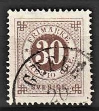 FRIMÆRKER SVERIGE | 1872 - AFA 24 - Ringtype tk. 14 uden vandmærke - 30 øre brun - Stemplet