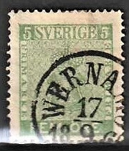 FRIMÆRKER SVERIGE | 1858 - AFA 07 - Våbentype tk. 14 uden vandmærke - 5 øre grøn - Stemplet