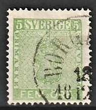 FRIMÆRKER SVERIGE | 1858 - AFA 07 - Våbentype tk. 14 uden vandmærke - 5 øre grøn - Stemplet