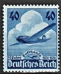 FRIMÆRKER TYSK RIGE: 1936 | AFA 598 | Lufthansa. - 40 pf. blå - Postfrisk