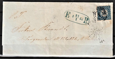 FRIMÆRKER DANMARK | 1852 - AFA 2b - 2 R.B.S Thiele på brevforsendelse - Stemplet med fodpost- og kompasstempel