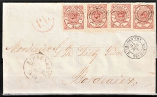 FRIMÆRKER DANMARK | 1864-70 - AFA 13 - Krone-Scepter-Sværd - 4 x 4 sk. rød på flot brev - Stemplet