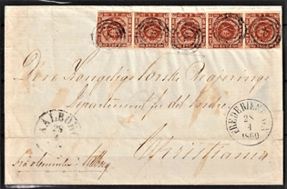 FRIMÆRKER DANMARK | 1858-62 - AFA 7 - 4 Skilling brun i 5-stribe på flot frankeret brev - Stemplet Frederiksberg-Aalborg