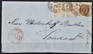 FRIMÆRKER DANMARK | 1871-74 - AFA 17,19 - 3 Skilling grå/lilla i par + 8 sk. på brev - Stemplet 