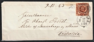 FRIMÆRKER DANMARK | 1863 - AFA 9 - 4 Skilling brun single på brev til Fredericia - Stemplet