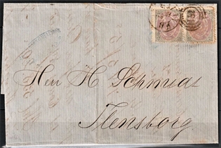 FRIMÆRKER DANMARK | 1871-74 - AFA 17 - 3 Skilling grå/lilla i par på brev til Flensborg - Stemplet 