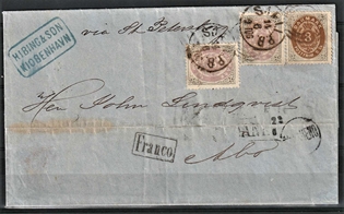 FRIMÆRKER DANMARK | 1871-74 - AFA 17,19 - 3 Skilling grå/lilla x 2 + 8 sk. på brev - Stemplet 