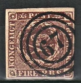 FRIMÆRKER DANMARK | 1851-54 - AFA 1 - 4 R.B.S - Stemplet 67 Sorø (ikke trykbestemt)