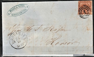 FRIMÆRKER DANMARK | 1858-62 - AFA 7 - 4 Skilling brun på brev - Stemplet