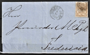 FRIMÆRKER DANMARK | 1864-70 - AFA 14 - 8 Skilling gulbrun - Krone Scepter - single på brev til Fredericia - Stemplet