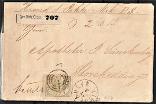 FRIMÆRKER DANMARK | 1864-70 - AFA 15 - 16 Skilling oliven - Krone Scepter - single på brev til Storeheddinge - Stemplet