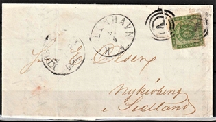 FRIMÆRKER DANMARK | 1858-62 - AFA 8 - 8 Skilling grøn på brev - Stemplet