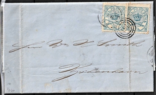FRIMÆRKER DANMARK | 1864-70 - AFA 11 - 2 Skilling blå - Krone Scepter - Parstykke på brev - Stemplet