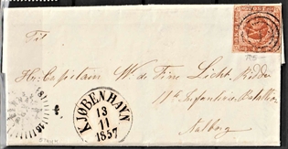 FRIMÆRKER DANMARK | 1854-57 - AFA 4 - 4 Skilling brun på pænt brev - Flot Stemplet