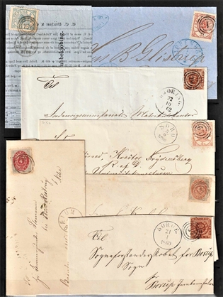 FRIMÆRKER DANMARK | 1854- | Dobbeltplanche med 13 stk. pæne skillingsbreve - Stemplet