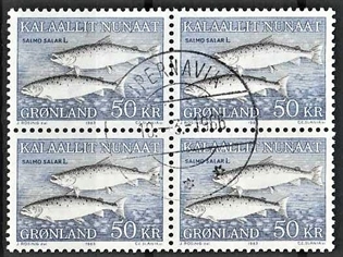 FRIMÆRKER GRØNLAND | 1983 - AFA 140 - Skællaks - 50 kr. flerfarvet i 4-blok - Pænt stemplet