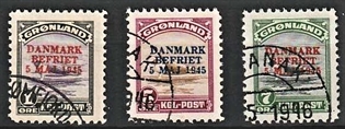 FRIMÆRKER GRØNLAND | 1945 - AFA 17-19 - AMERIKANER UDGAVEN "DANMARK BEFRIET" 1-7 øre - Pænt stemplet