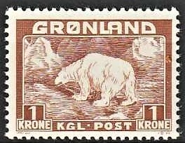 FRIMÆRKER GRØNLAND | 1938 - AFA 7 - Isbjørn - 1 kr. gulbrun - Postfrisk