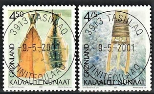 FRIMÆRKER GRØNLAND | 2001 - AFA 374,375 - Arv og kultur II. - 4,50 + 4,75 kr. flerfarvet - Lux stemplet