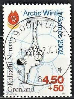 FRIMÆRKER GRØNLAND | 2001 - AFA 373 - Artic Winter Games 2002 - 4,50 kr. + 50 øre flerfarvet - Lux stemplet
