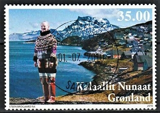 FRIMÆRKER GRØNLAND | 2010 - AFA 566 - Dronning Margrethe 70 år. - 35,00 kr. flerfarvet - Lux stemplet