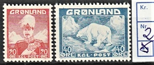FRIMÆRKER GRØNLAND | 1946 - AFA 26,27 - Christian X + Isbjørn - 20 øre + 40 øre i sæt - Postfrisk