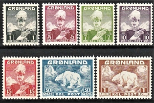 FRIMÆRKER GRØNLAND | 1938 - AFA 1-7 - Christian X + Isbjørn - 1 øre -1 kr. i sæt - Postfrisk