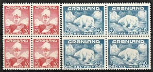 FRIMÆRKER GRØNLAND | 1946 - AFA 26,27 - Christian X + Isbjørn - 20 øre + 40 øre i sæt 4-blokke - Postfrisk