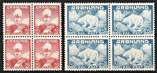 FRIMÆRKER GRØNLAND | 1946 - AFA 26,27 - Christian X + Isbjørn - 20 øre + 40 øre i sæt 4-blokke - Postfrisk