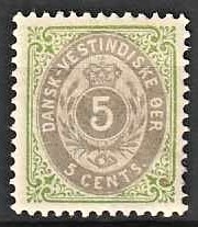 FRIMÆRKER DVI | 1876-1901 - AFA 10By | 5 cents grøn/grå - Ubrugt