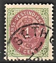 FRIMÆRKER DVI | 1873-1902 - AFA 5By | 1 cent grøn/rødbrun - Stemplet